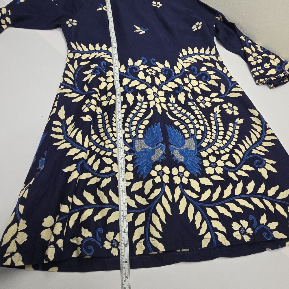 Bali Lestari Navy Blue Batik Floral Bird Print Bell Sleeve Mini Dress Large - Picture 5 of 8